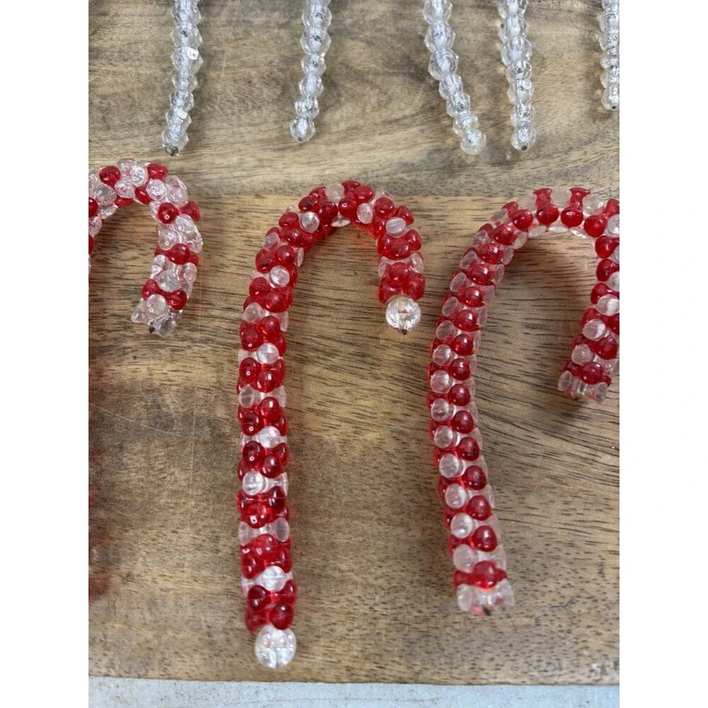 22 Vintage Christmas Clear Beaded Icicle Ornaments + 8 Candy Canes Handmade